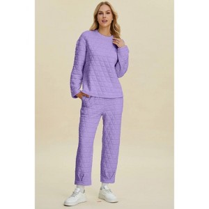 I am a Fashion Junky Double Take Full Size Texture Round Neck Long Sleeve Top and Pants Set - 1 of 4