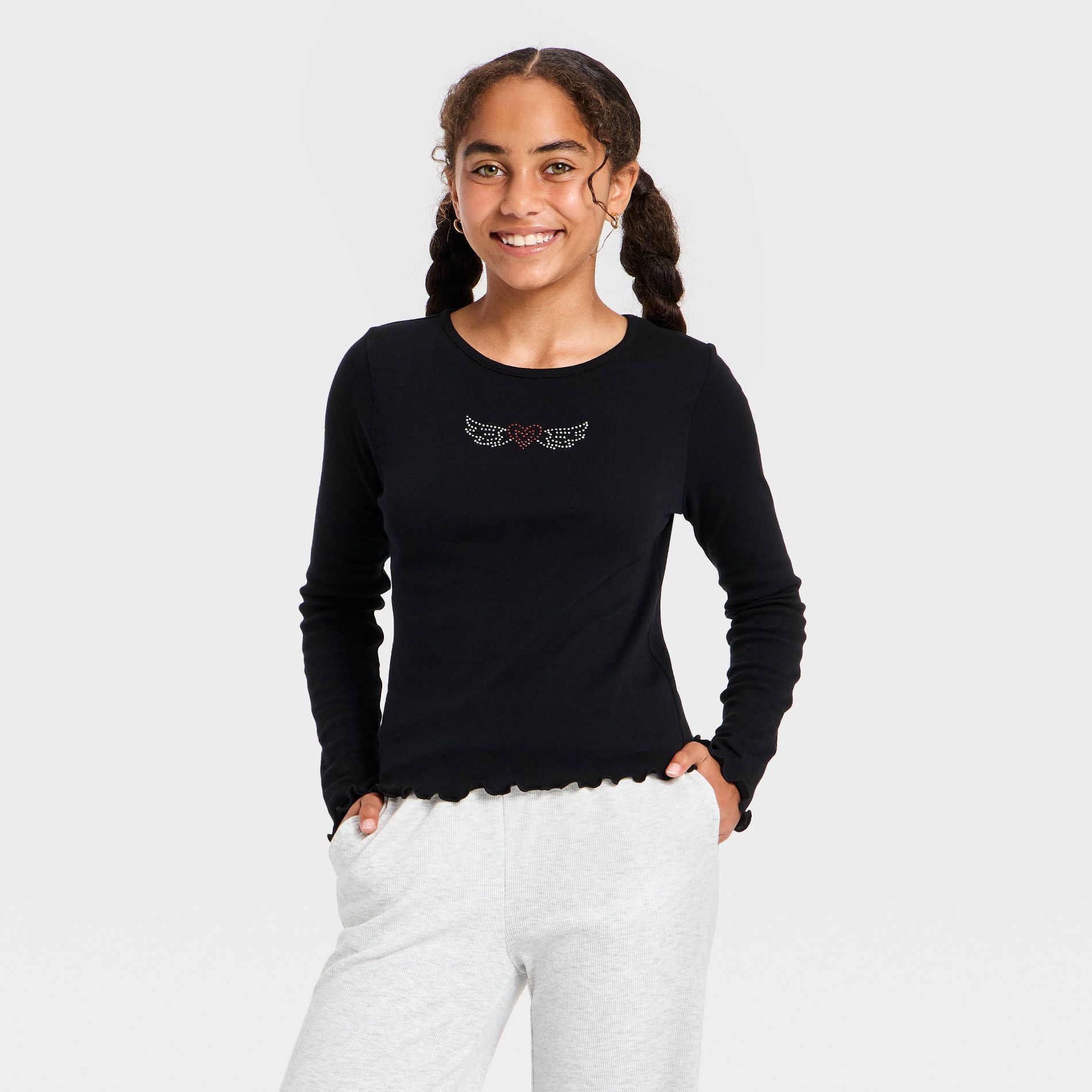 Girls' Long Sleeve Embellished Ribbed T-Shirt - art class™