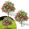 2Pcs 2FT Artificial Boxwood Topiary Ball Trees with Purple Bougainvillea Flowers, UV Resistant Fake Shrubs with Ground Spikes, Fake Plants for Garden - 3 of 4