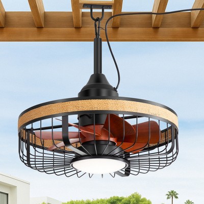 Airsurfer 20-In Matte Black Cage Waterproof Plug-In Outdoor Ceiling Fan with LED Light, 7 Dark Brown Blades, Remote Control, Hook-Mounted Design