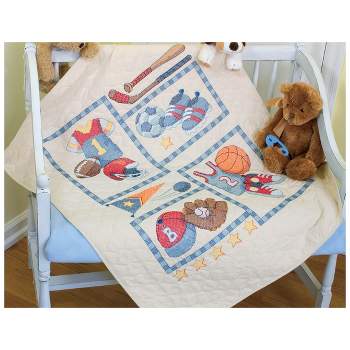 Dimensions Stamped Cross Stitch Baby Quilt Kit Baby Animals 34 X 43 opened