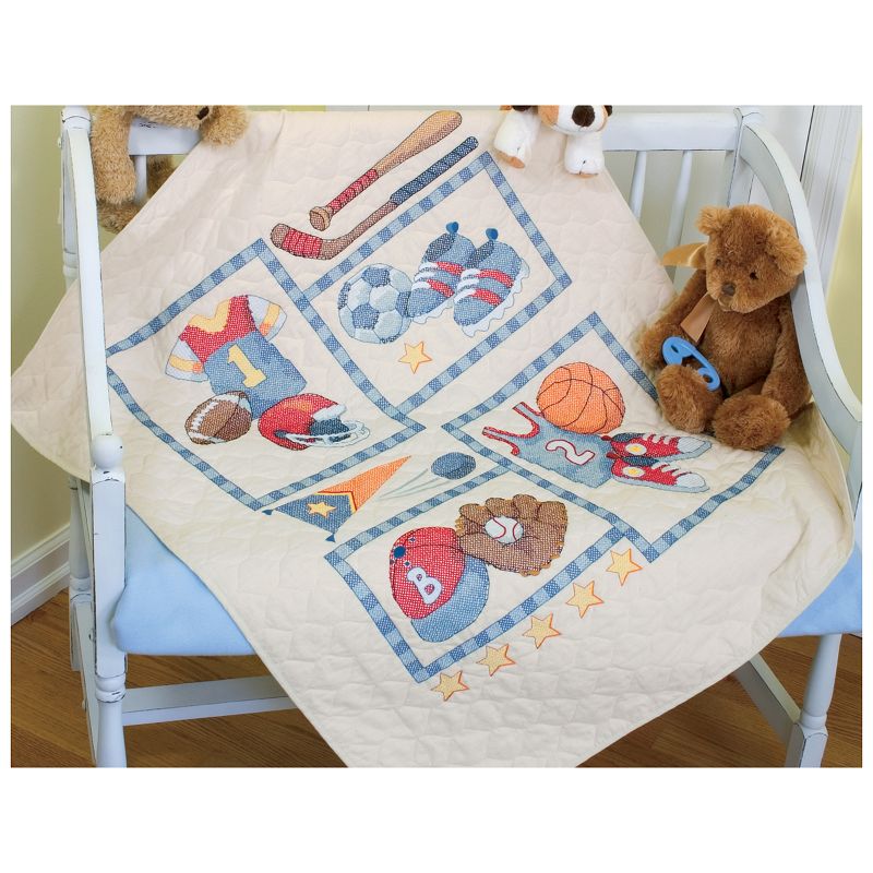 Dimensions Baby Hugs Quilt Stamped Cross Stitch Kit 34"X43"-Little Sports, 1 of 2