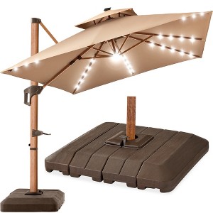 Best Choice Products 10ft Square Woodgrain Pattern 2-Tier Outdoor Solar LED Cantilever Umbrella w/ Base - 1 of 4