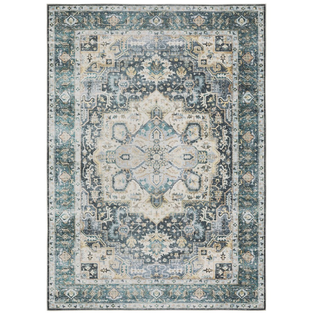 5'x7' Colette Washable Center Medallion Indoor Area Rug Blue/Ivory - Captiv8e Designs