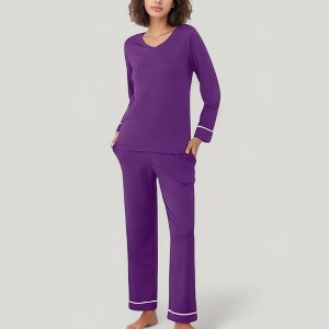 Anna-Kaci Lounge Women's Contrast Trim Long Sleeve V-Neck Pajama Top and Lounge Pants Two Piece Sleepwear Set - 1 of 4