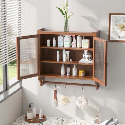 24.8''Glass Door Vintage Double Door Wall Cabinet With Three Tiers of Storage With Towel Rack