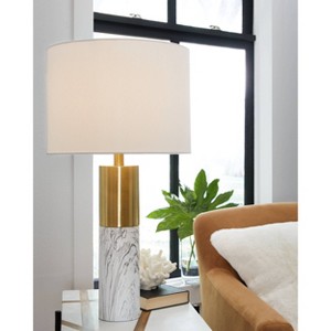 Signature Design by Ashley (Set of 2) Samney Table Lamps Gold/White: Contemporary Drum Shade, Metal Body, 3-Way Switch - 1 of 4