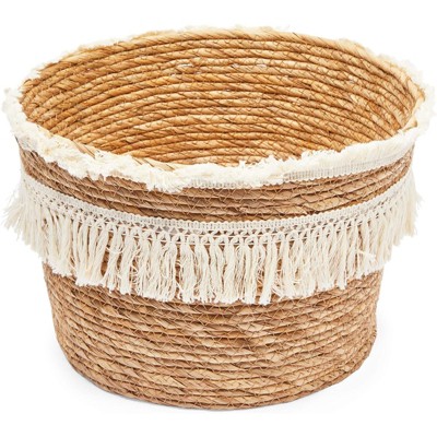 Boho Natural Woven Round Storage Baskets with Fringe, Set of 2