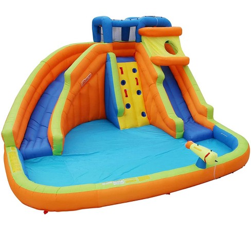 Banzai Duck Blast Water Park Outdoor Backyard Inflatable Slide with  Climbing Wall, Water Cannon, Splash Lagoon, Pool Float, & Blower
