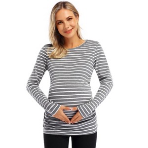 Round neck long sleeved pleated layered maternity top, non vacuum 96 # brown yellow BrownYellow_2XL - 1 of 1