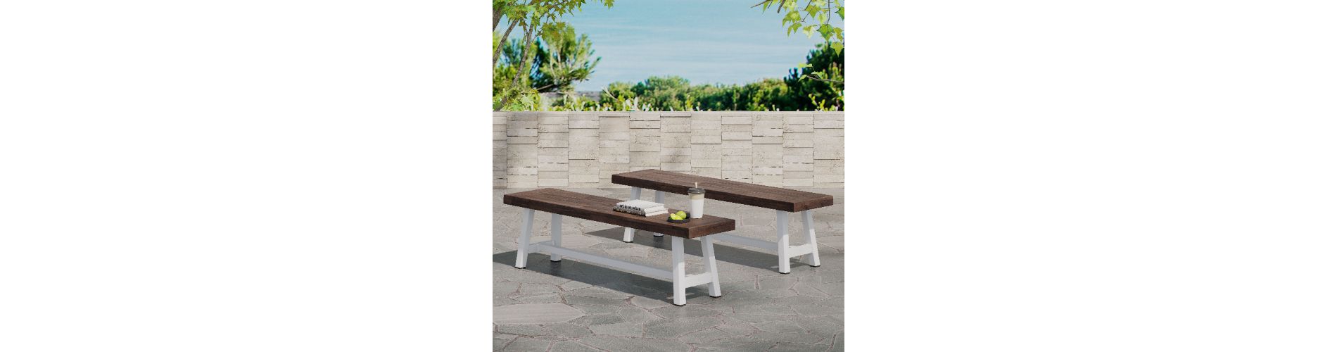 Lyngins 2-Piece Modern Industrial Outdoor Bench – Acacia Wood Slat Tops, Weather-Resistant Outdoor Dining Bench, Garden Bench/Patio Bench, Dark Brown