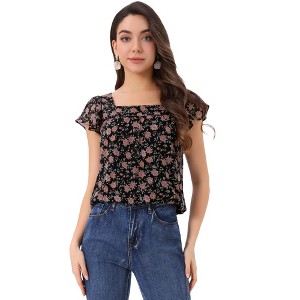 INSPIRE CHIC Women's Chiffon Ruffle Sleeve Square Neck Floral Print Blouse - 1 of 4
