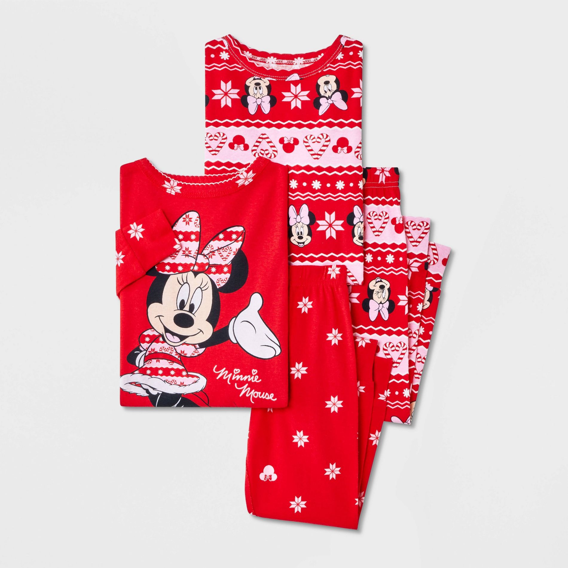 Toddler Girls' Holiday 4pc Minnie Mouse Long Sleeve Cotton Snug Fit Pajama Set - Red/Pink