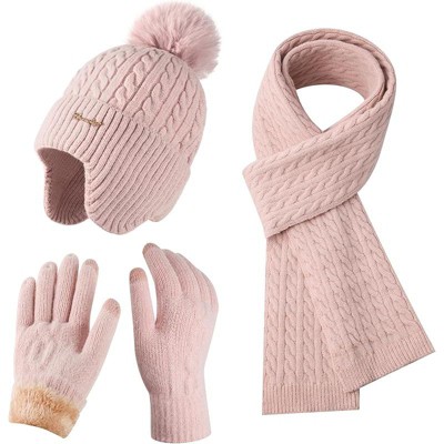 ZUPPAD Winter Hat Scarf Gloves Set for Women, Classic Cable Beanie with Removable Pom Pom Long Scarf Touchscreen Gloves 3 in 1 Set