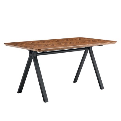 Dolonm Dark Brown Herringbone Dining Table with Metal Legs, 63" Modern Industrial Style for Kitchen & Office