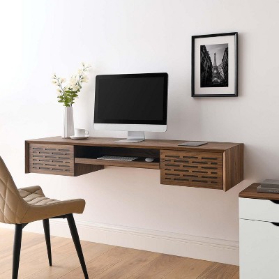 Walnut Wall Mounted Office Desk with Drawer and Keyboard Tray