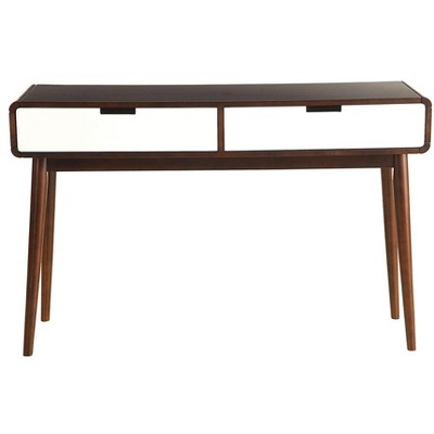 Console table with two white drawers and brown wood frame
