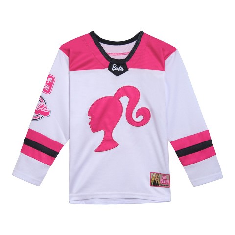 Barbie Little Girls Mesh Hockey Jersey Long Sleeve T-Shirt Pink / White 7-8