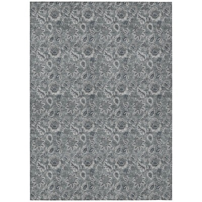 Gray Silver And Charcoal Floral Washable Indoor Outdoor Area Rug