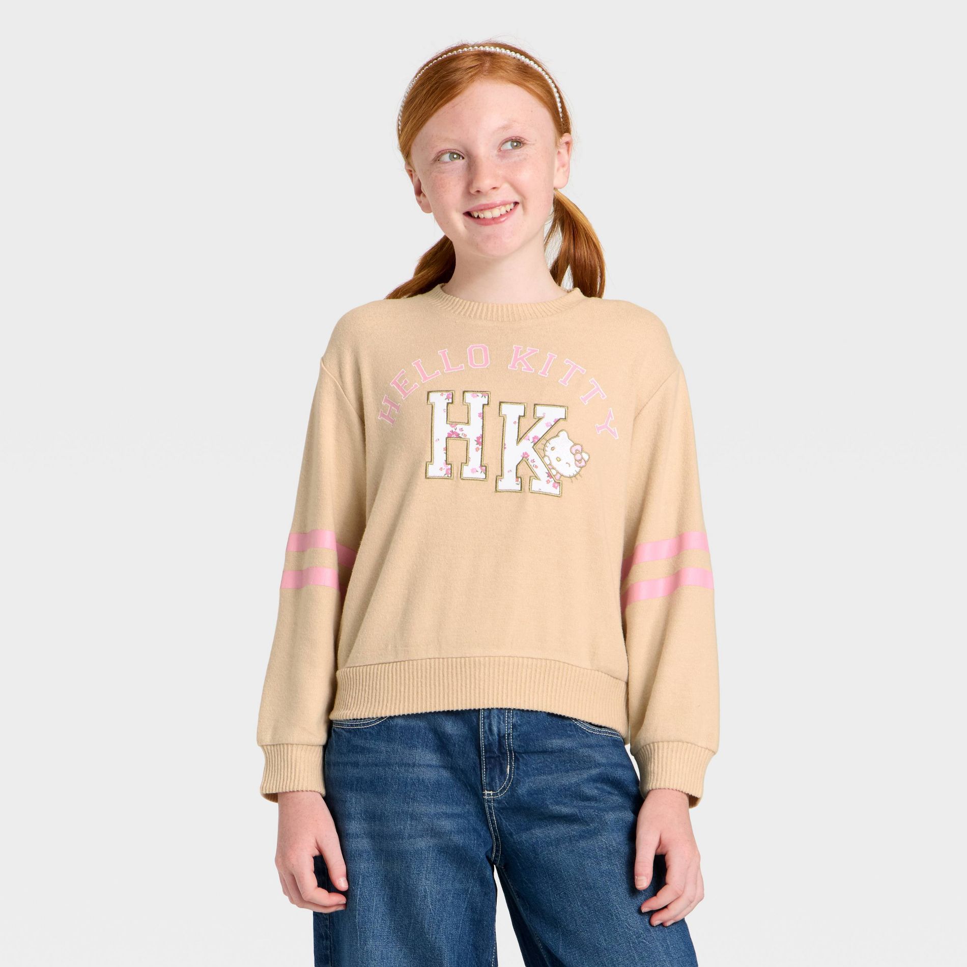 Girls' Hello Kitty London Floral Patch Chenille Sweater - Beige S
