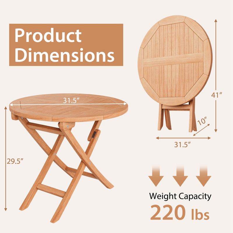 Costway 31.5'' Patio Round Folding Dining Table Solid Indonesia Teak Wood Natural Outdoor Portable, 3 of 11
