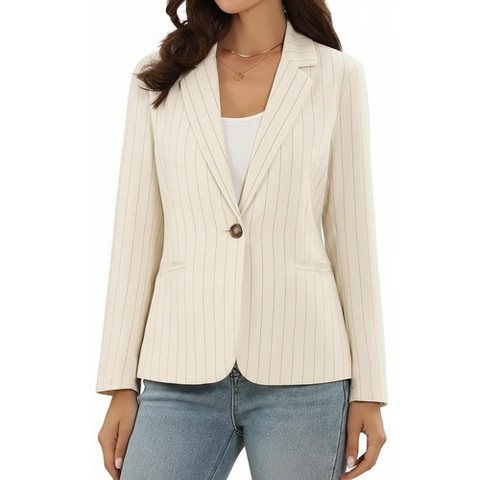 INSPIRE CHIC Women's Casual Stripe Notched Collar Long Sleeve Single Button Office Blazers X-Large Beige