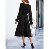 Women's Casual Wrap V Neck Midi Dress Long Sleeve Smocked Waist Tiered A Line Pleated Flowy Long Dress - 3 of 4