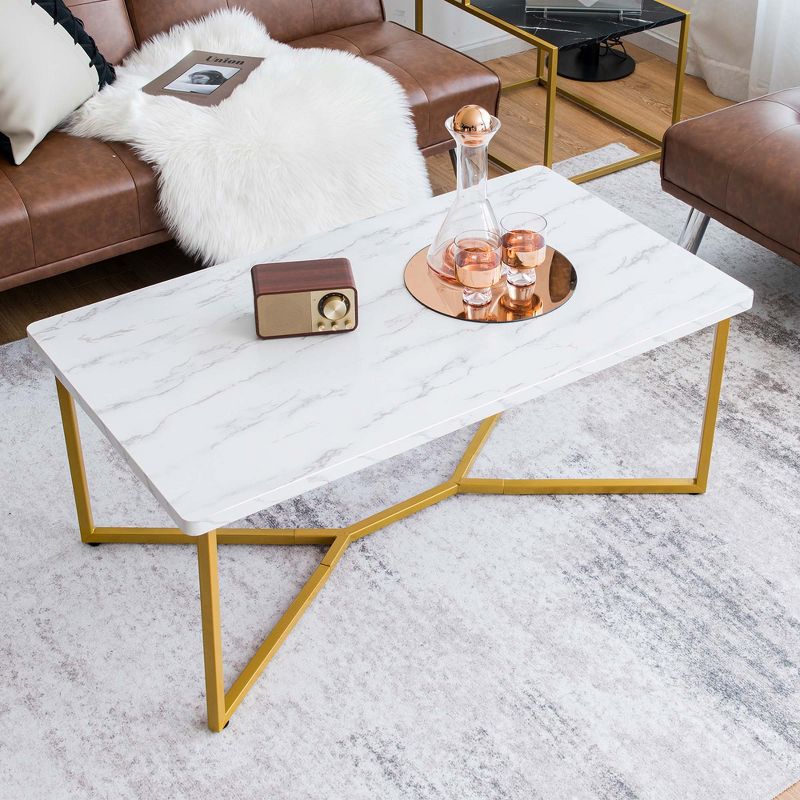 Costway Modern Coffee Table with Faux Marble Tabletop & Golden Y-shaped Legs Foot Pads, 4 of 11