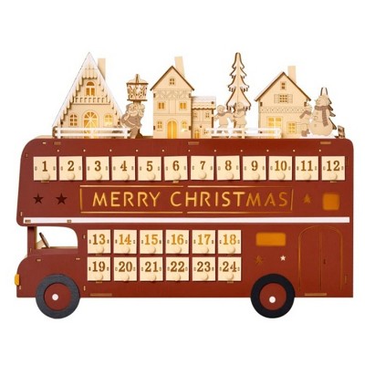 NAYSAYE Christmas Advent Calendar, Wooden 24 Drawers Lighted Village Scene for Table Mantel Reusable Countdown Holiday Gift, Red, 17.8"*3.3"*13.5"