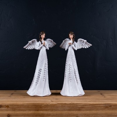 White and Silver Resin Angel Figurines Set of 2