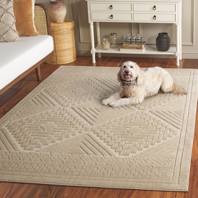 Beige Geometric Patterned Synthetic Area Rug, 5'3" x 7'6"