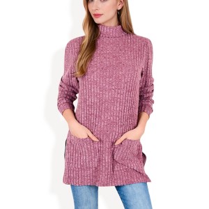 Anna-Kaci Women's Ribbed Knit Turtleneck Tunic Sweater with Front Pockets - 1 of 4
