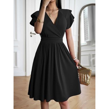 Summer Dress for Women V Neck Double-Layer Sleeve Pleated Solid Color Midi  Dress,black,X Large : Target