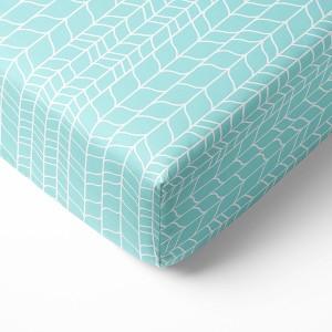 Bacati - Safari Animals Aqua Grid Print 100 percent Cotton Universal Baby US Standard Crib or Toddler Bed Fitted Sheet - 1 of 4
