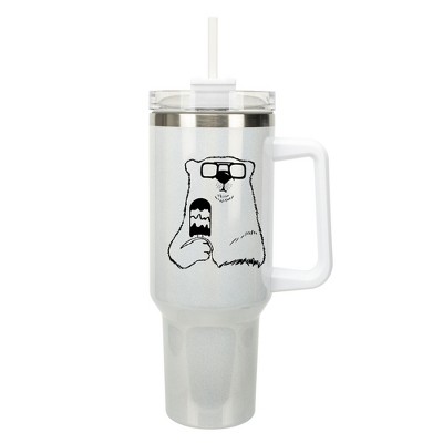 Elanze Designs 40 Ounce Travel Tumbler With Straw and Lid Stainless Steel Double Wall Insulated Ice Cream Polar Bear With Sunglasses White Glitter