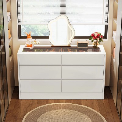 Hommoo 55" 6 Drawer Dresser with Glass Top White