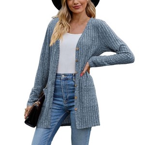 Women's Sweater Cardigan Ribbed Knit Long Sleeve Cardigan Solid Color Open Front Sweater - 1 of 4