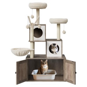 Multi-Level Wooden Cat Tree Tower with Hidden Litter Box Enclosure & Condo, Sisal Scratching Posts, Soft Perch & Toys, Modern Cat Furniture - 1 of 4