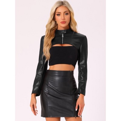 INSPIRE CHIC Women's Faux Leather Cropped Stand Collar Zipper Front Moto Biker Long Sleeve Jacket X-Small Black — фото 5