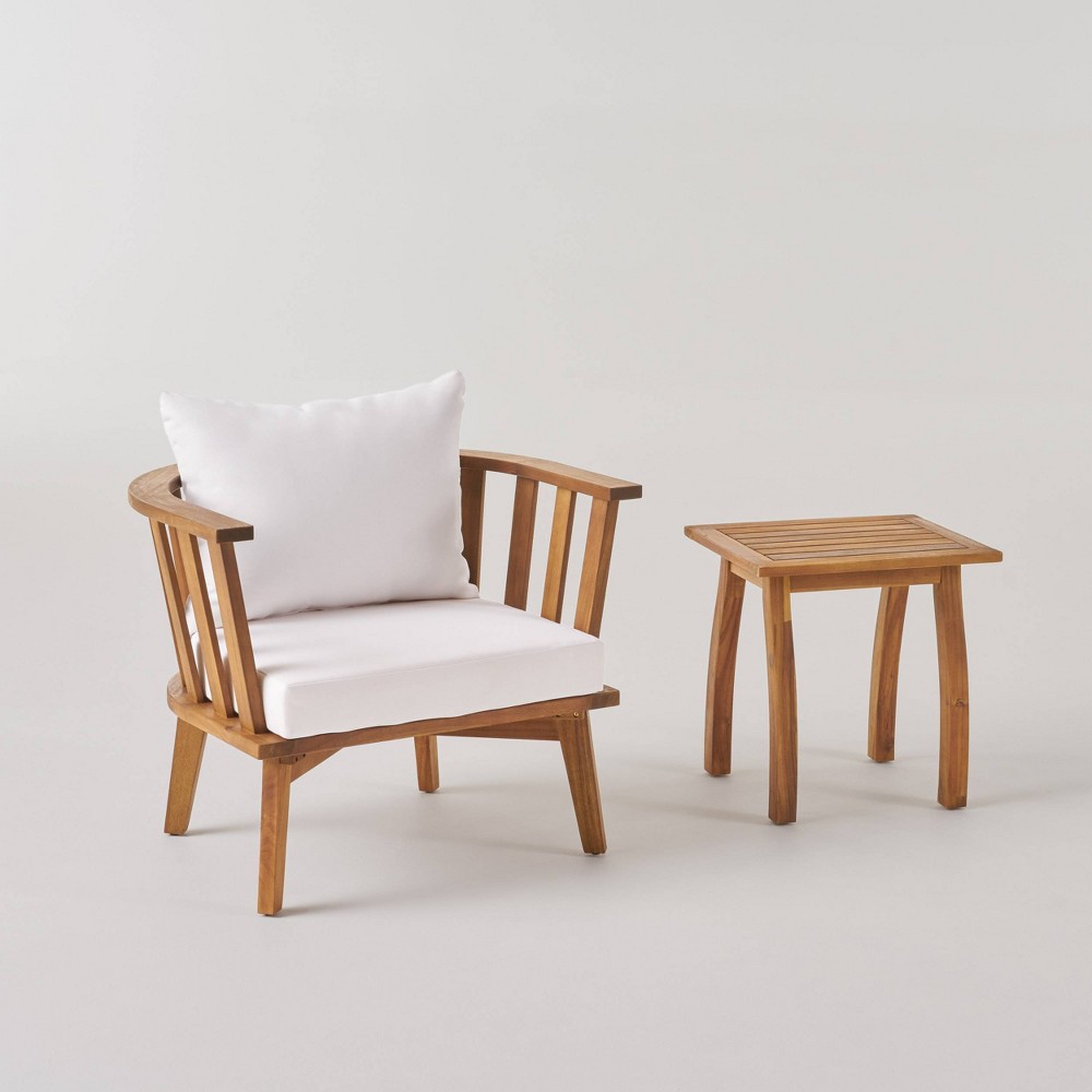 Photos - Garden Furniture Barton 2pc Acacia Wood Club Chair & Table Set - Teak/White - Christopher Knight Home: Outdoor Lounge Set with Cushions