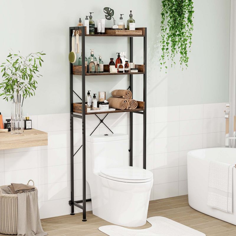 Costway 3-Tier Over-The-Toilet Bathroom Shelf Metal Frame Space Saver Rack with 4 Hooks, 2 of 11