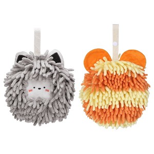 REGALWOVEN 2 Packs Chenille Fuzzy Cute Bear Shape Decorative Soft Absorbent Hanging Ball Hand Towels 7" x 7" - 1 of 4