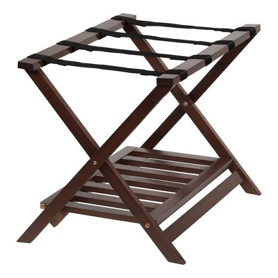 Walnut Folding Wooden Luggage Rack with Bottom Shelf, 2-Pack