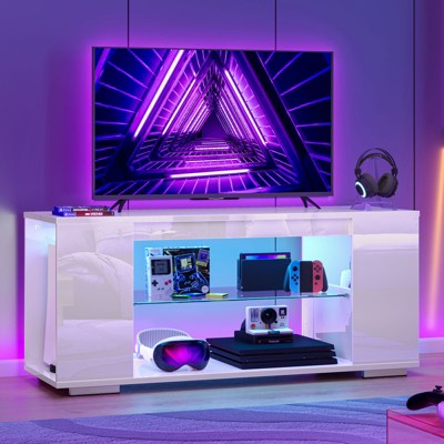 PINMOCO 47 inch High Glossy TV Stand for TVs up to 55 inch with LED and Open Storage Shelves Entertainment Center