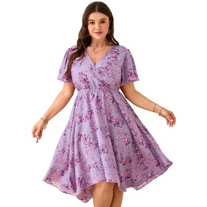 Women's V - Neck Floral Dress with Asymmetric Hem, Short - Sleeve Flowy Midi Dress for Casual & Summer Outings - 1 of 4