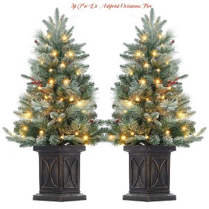 3ft Pre-Lit Artificial Christmas Tree with Snow Flocked Design, 78 Warm White LED Lights, Red Berries, Vintage Pot, Xmas Holiday Decor - 1 of 4