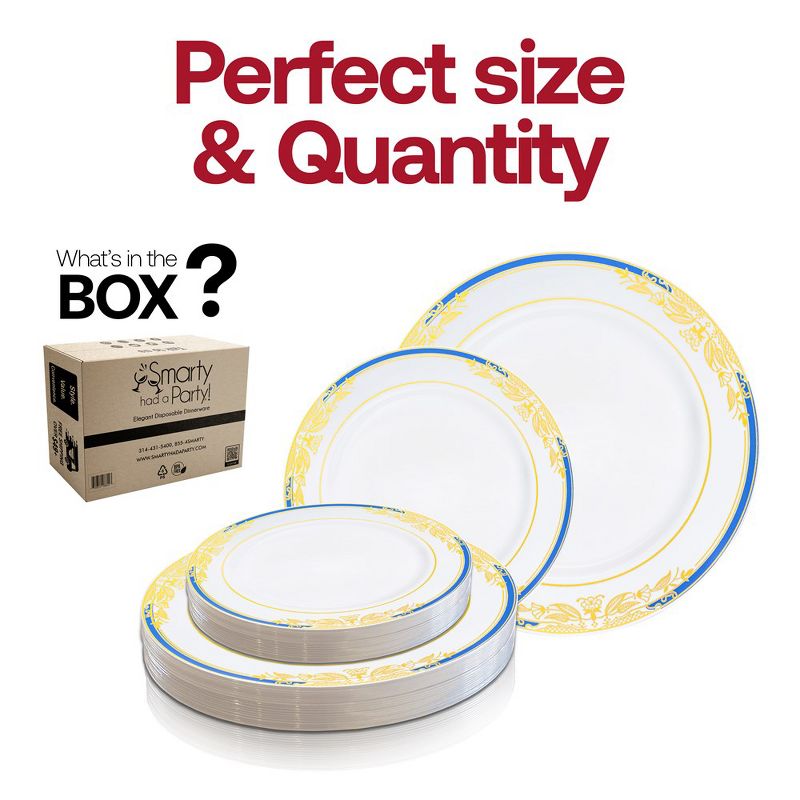 Smarty Had A Party White with Blue and Gold Harmony Rim Plastic Dinnerware Value Set (120 Dinner Plates + 120 Salad Plates), 4 of 8
