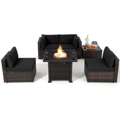 Tangkula 6 Piece Patio Wicker Conversation Set, Outdoor Rattan Sofa Set w/ 32" Propane Fire Pit Table, 50,000 BTU Heat, Tempered Glass Tabletop Black/Navy Blue/Red/Turquoise/Off White