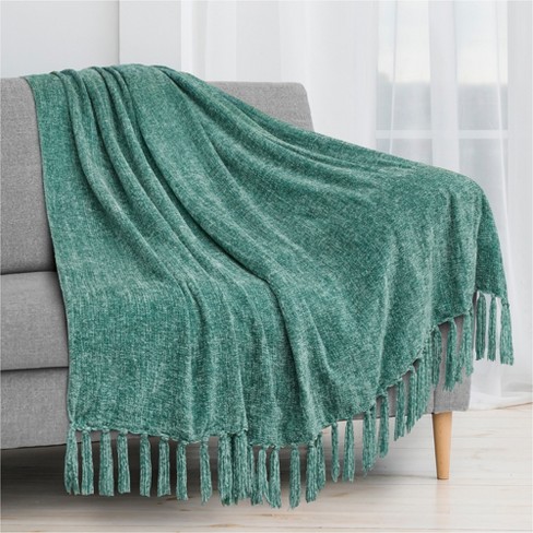 Pavilia Chenille Throw Blanket With Woven Knitted Tassel Fringe