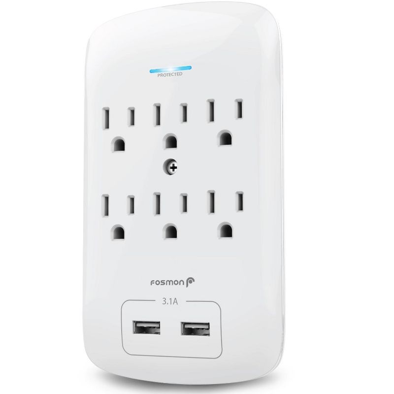 Fosmon [ETL Listed] 6-Outlet Plug Extender Wall Mount Surge Protector (1200J), with Ground Indicator and 2-Port USB (3.1A) - White, 1 of 9